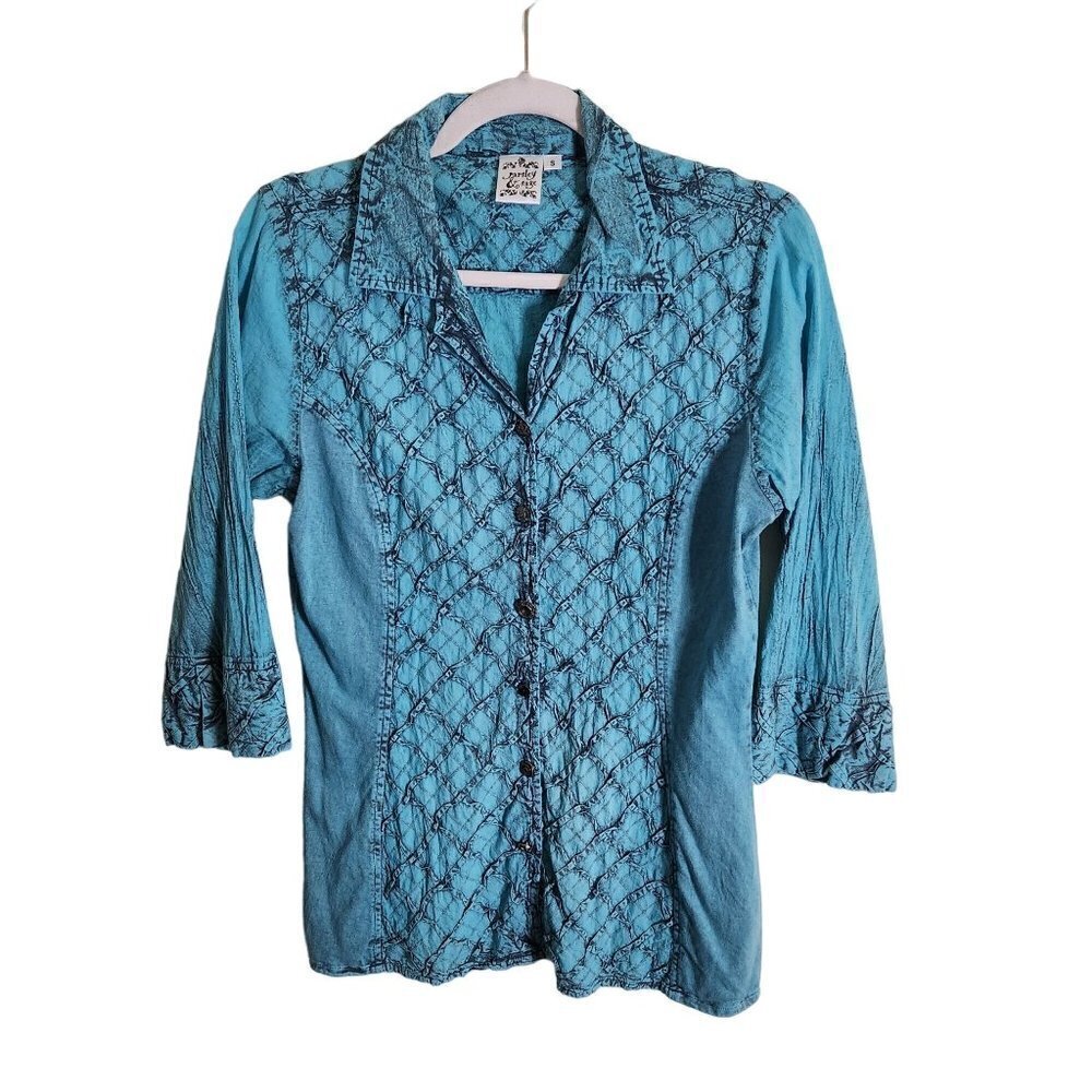 Parsley & Sage Torquoise Antiqued Unique Art To Wear Silver Button Top Size S